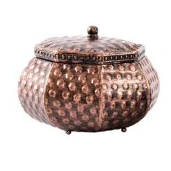 Grande Boîte En Métal Martelé Cuivre Patiné 20 Cm