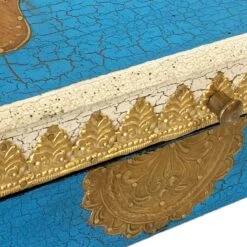 Boîte Main De Fatima Bois Peint Bleu Vieilli Et Laiton 25.5 Cm