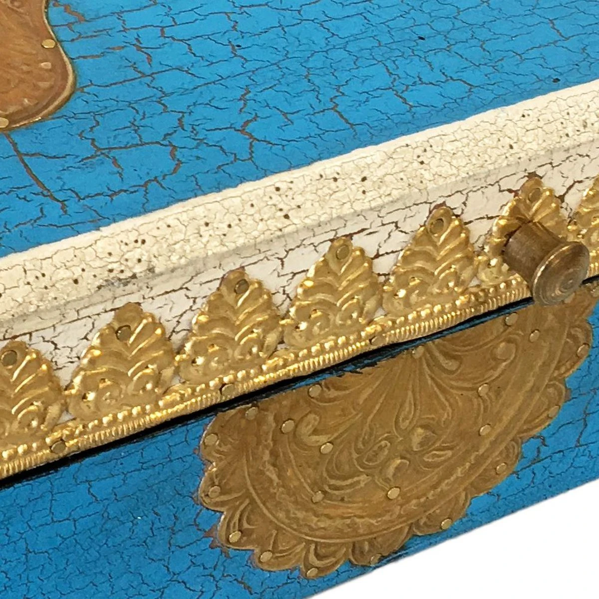 Boîte Main De Fatima Bois Peint Bleu Vieilli Et Laiton 25.5 Cm