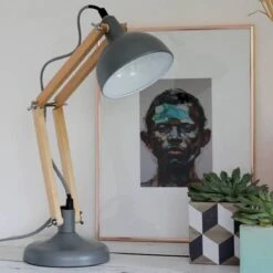 Lampe De Table Gris Mat Et Bois Et Métal 42 Cm