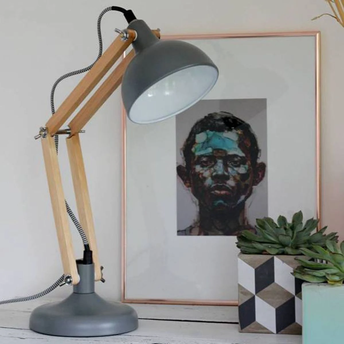 Lampe De Table Gris Mat Et Bois Et Métal 42 Cm