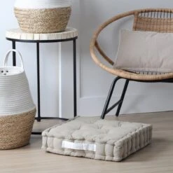 Coussin De Sol Uni En Coton 45 X 45 X 10 Cm - Ecru Et Lin