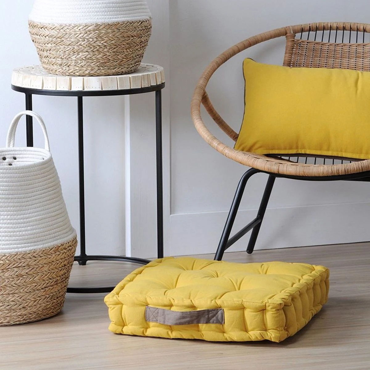 Coussin De Sol Uni En Coton 45 X 45 X 10 Cm - Moutarde Et Taupe