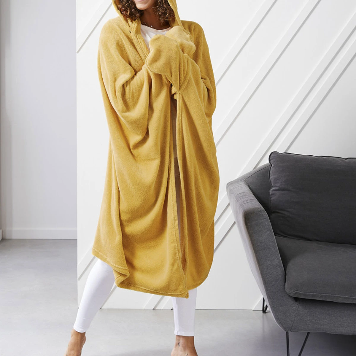 Plaid Polaire à Capuche Couleur 115 X 165 Cm - Ocre – Image 2