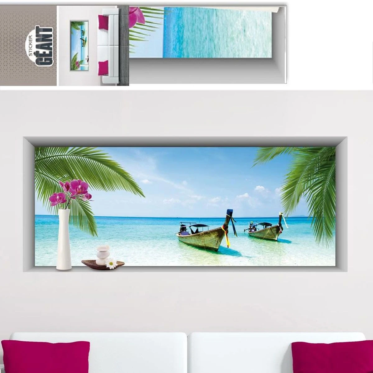 Sticker Mural Trompe L'oeil Plage 157 X 66 Cm
