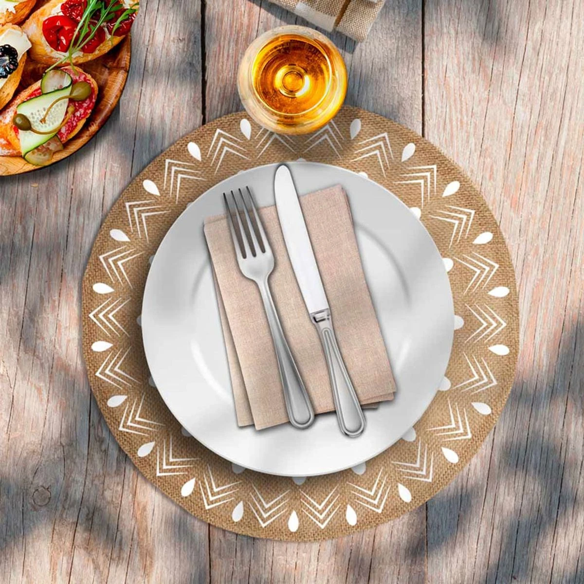 Set De Table Rond En Toile De Jute - Rosace Blanche