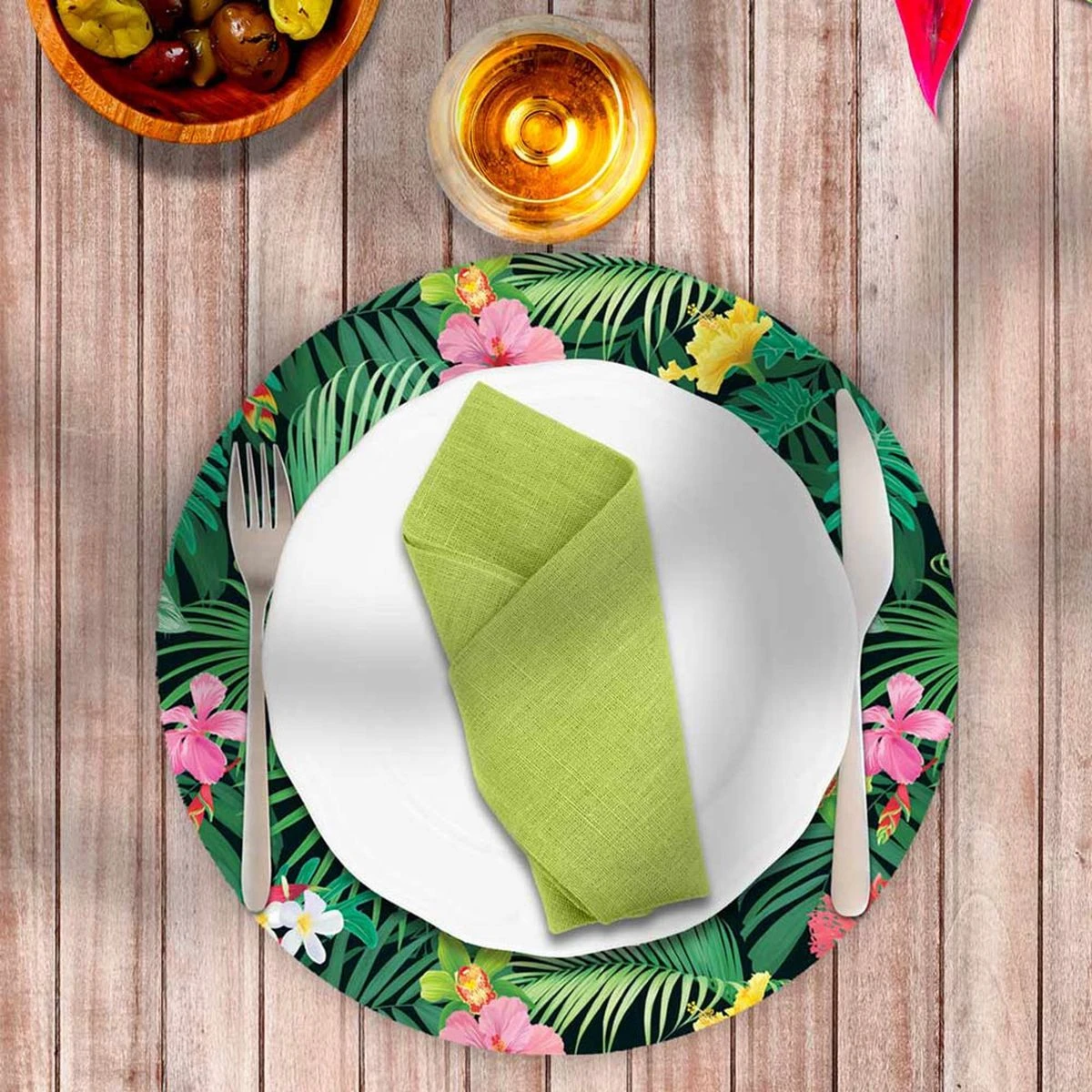 Set De Table Rond En PVC Tissé - Feuilles Et Ibiscus