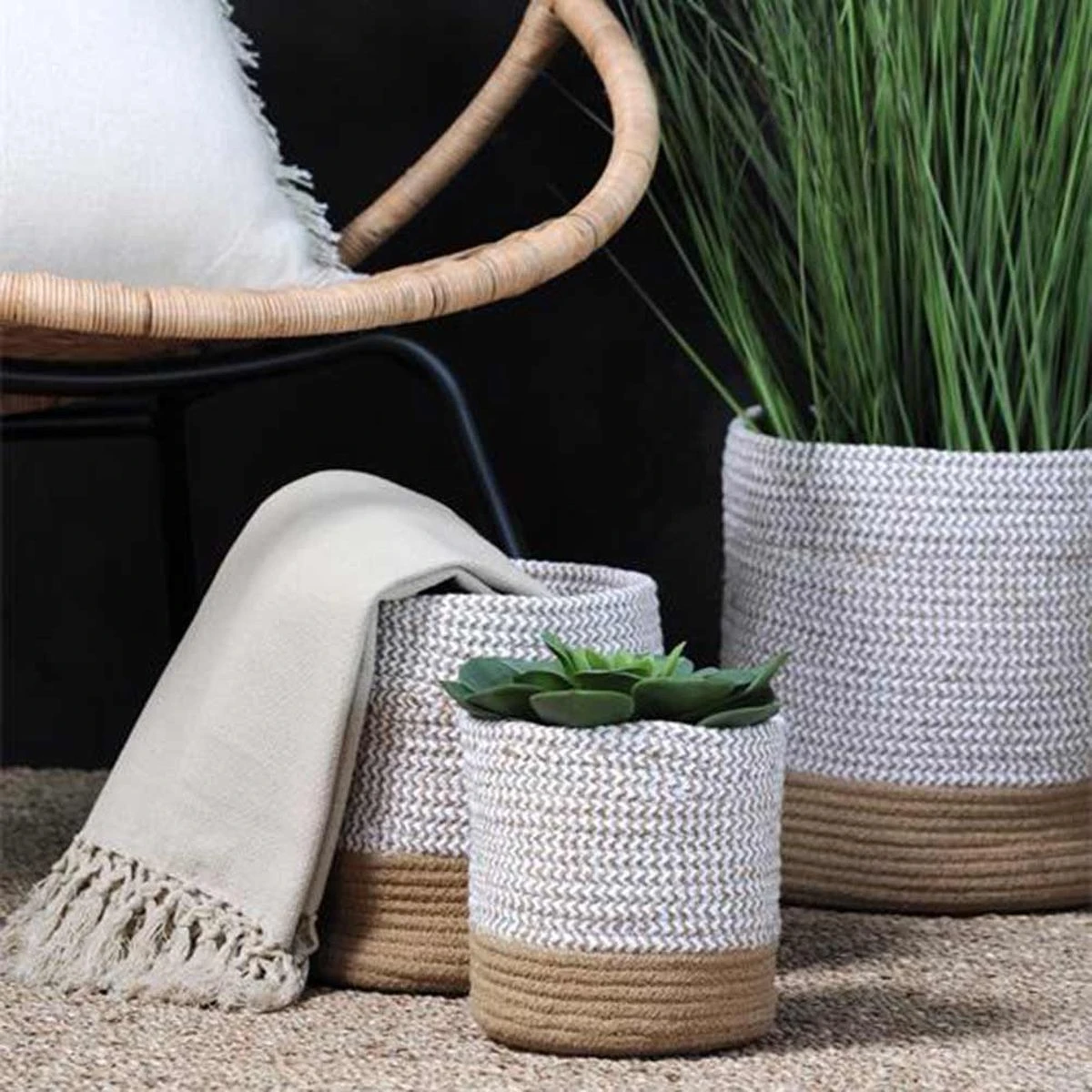 Lot 3 Paniers Ou Cache-pots Vanua Naturel Et Blanc – Image 4