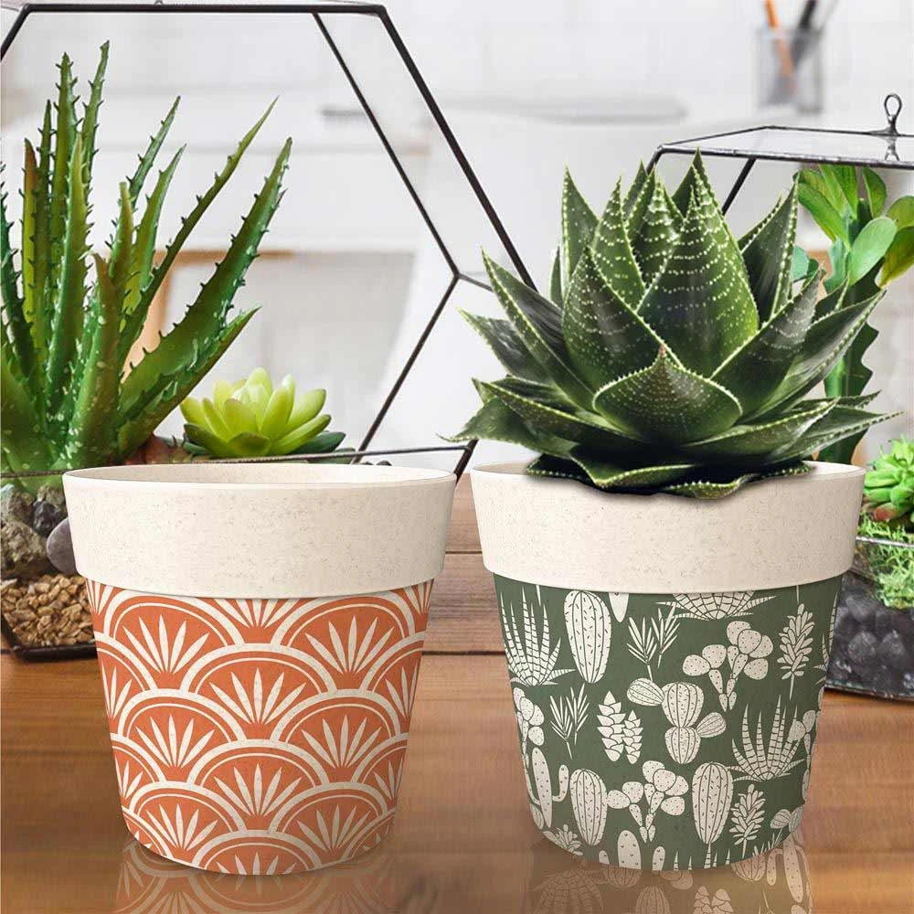 Cache Pot En Fibre De Bambou - Beige Et Orange - 15.5 Cm