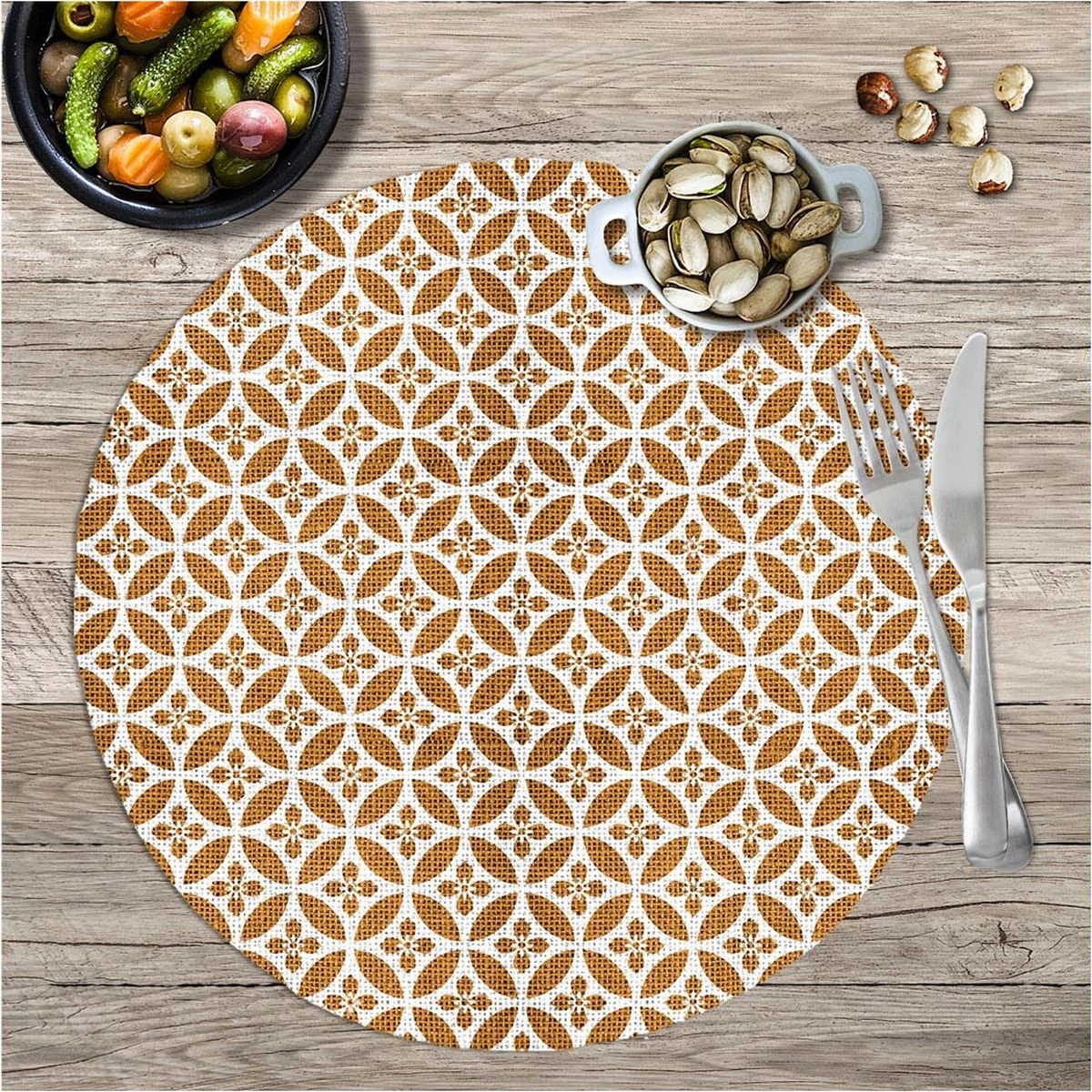 Set De Table Rond En Toile De Jute - Carreaux De Ciment - Jaune
