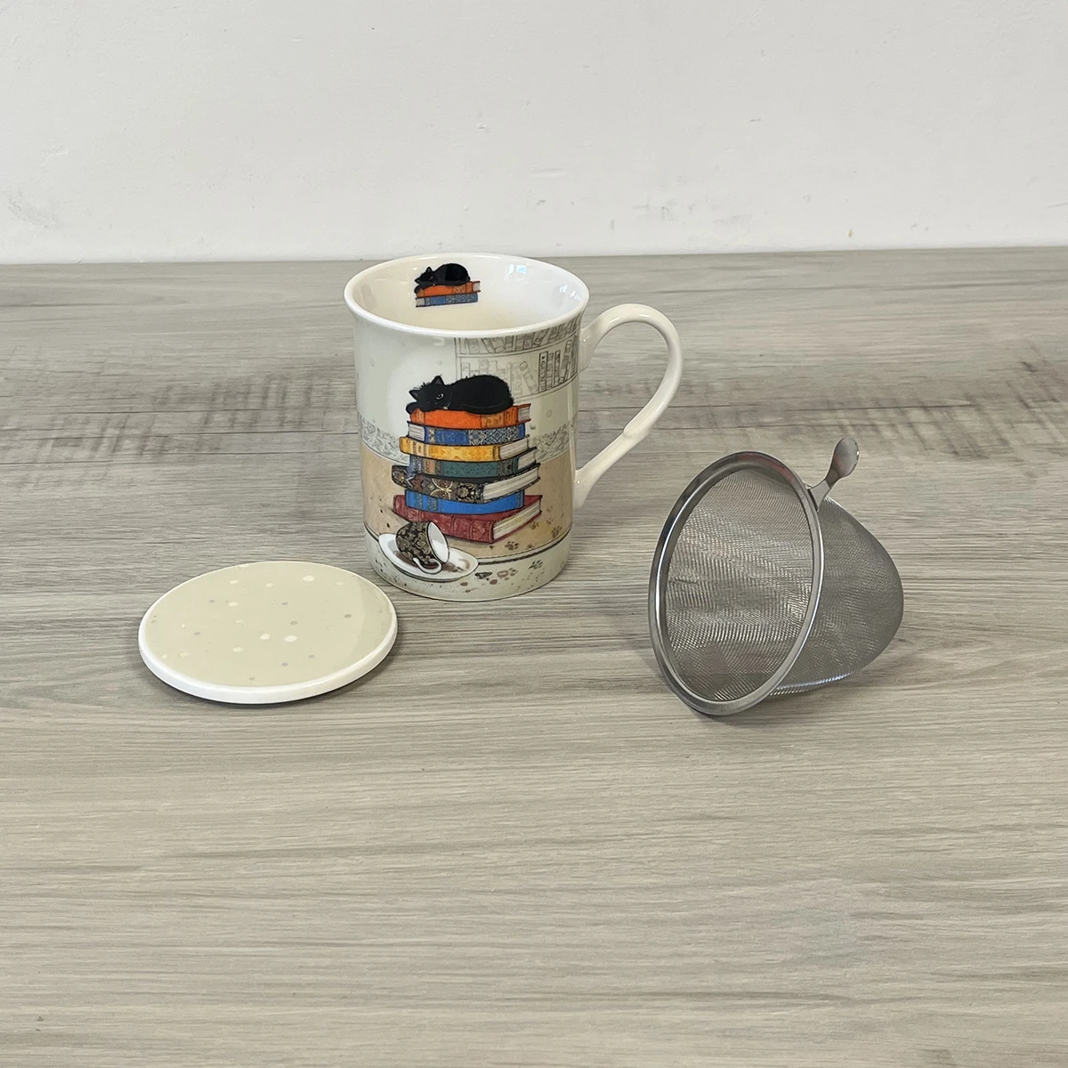 Tisanière En Porcelaine Avec Infuseur Métal - Chaton Et Livres