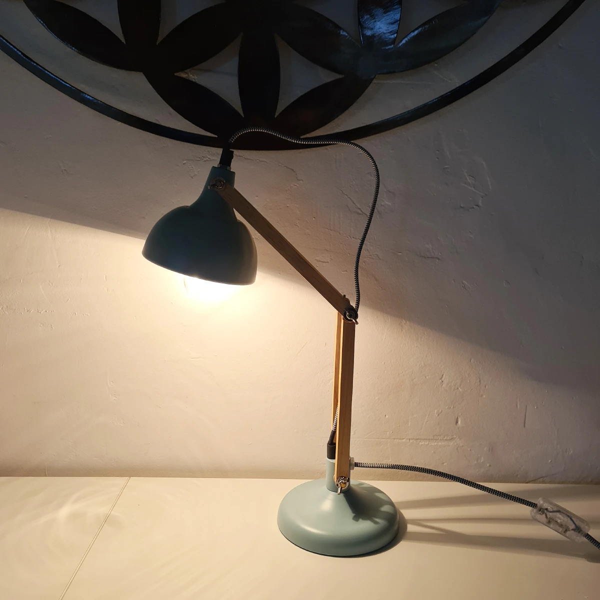 Lampe De Table Baby Blue Et Bois Et Métal 42 Cm