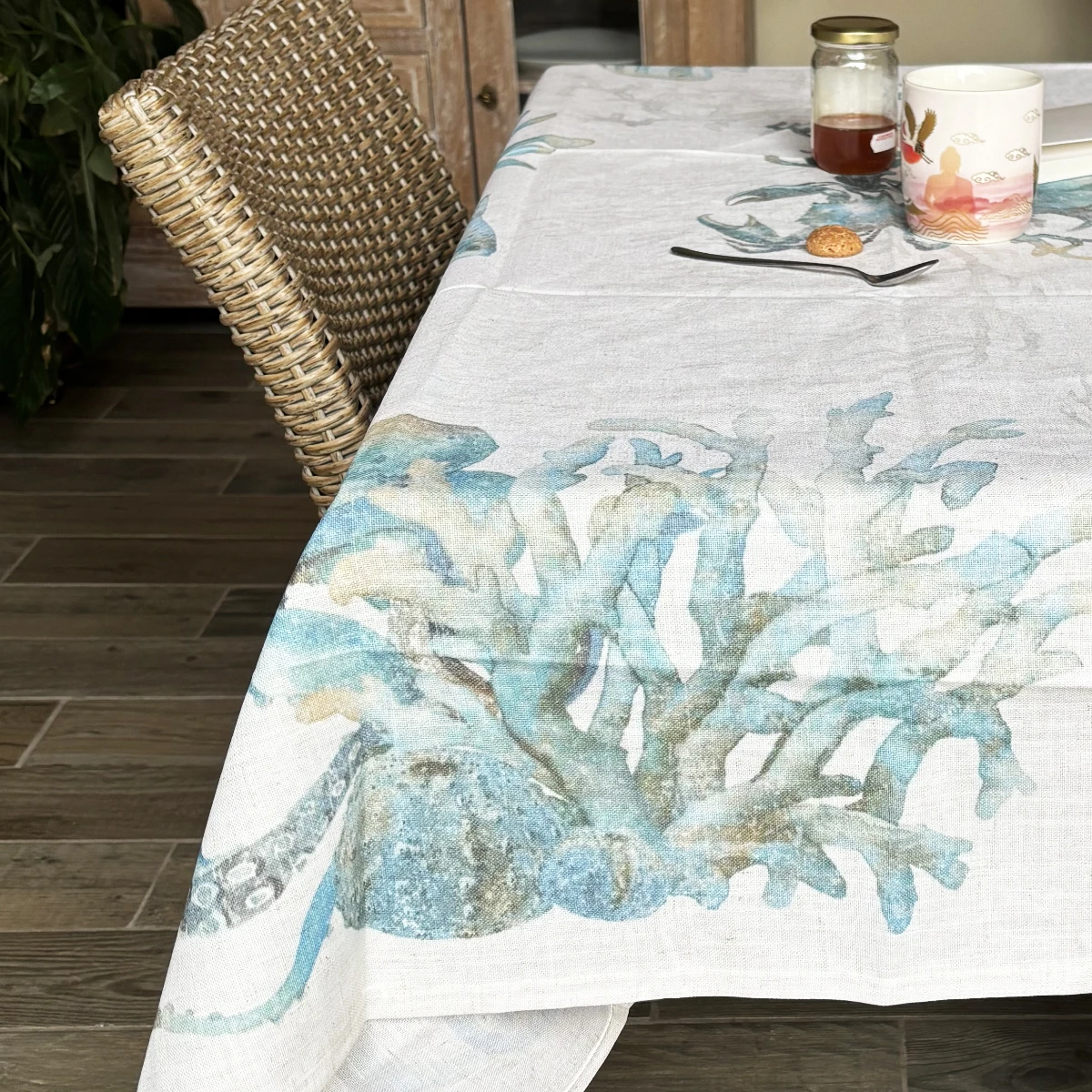 Nappe Imprimée En Polylin Enduit Corail Bleu 160 X 160 Cm