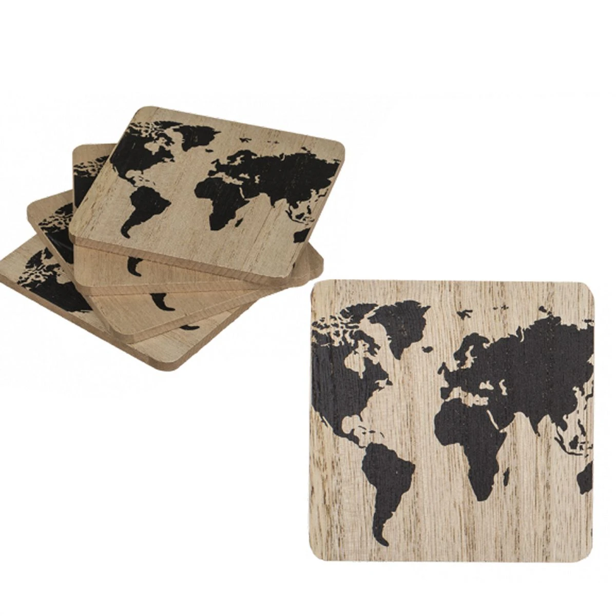 Set De 4 Dessous De Verres Mappemonde Bois Et Noir