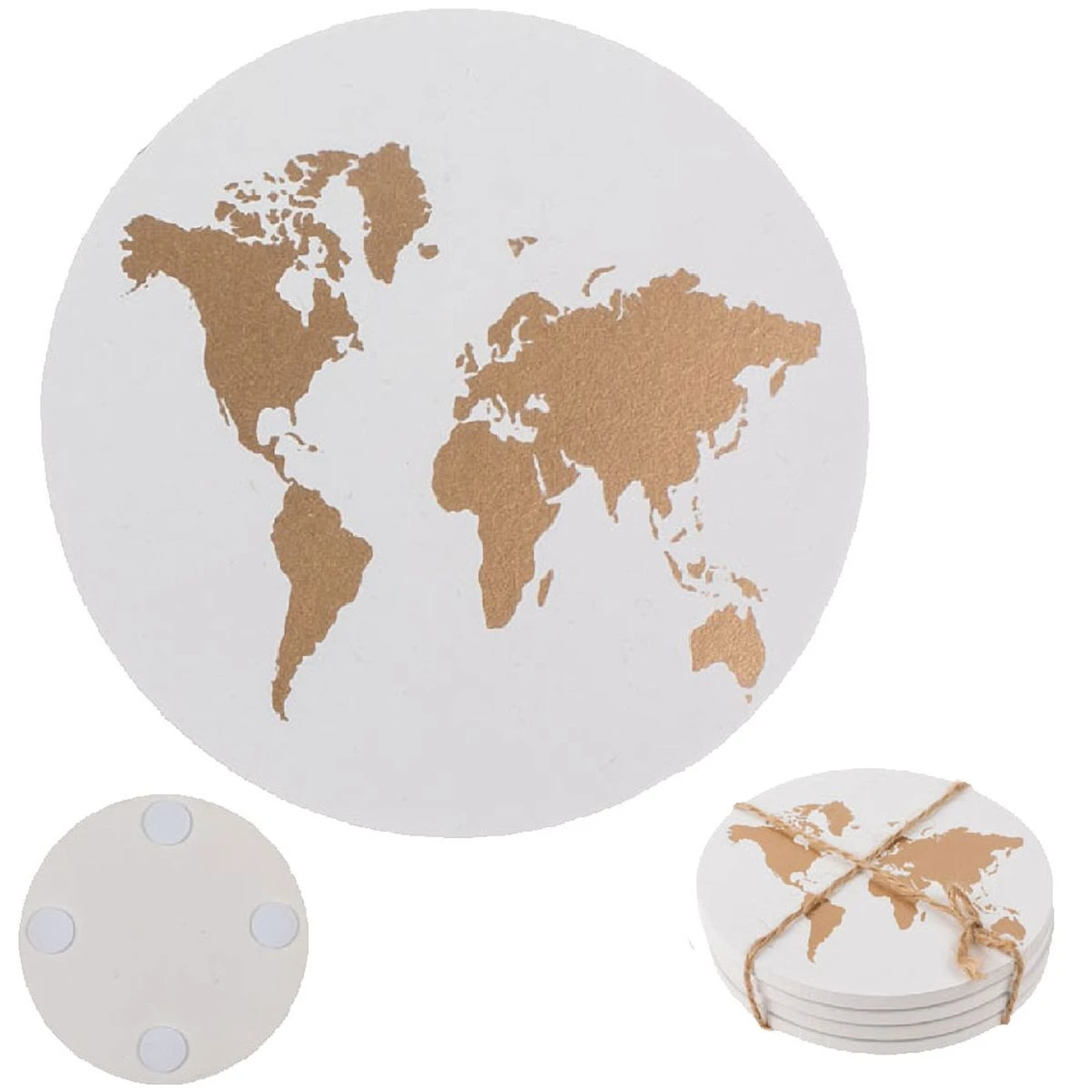 Set De 4 Dessous De Verres Mappemonde Blanc Et Or