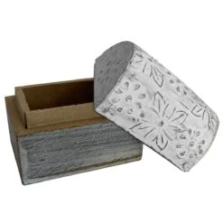Mini Boîte Blanche En Bois Patiné Argent - Motif Floral