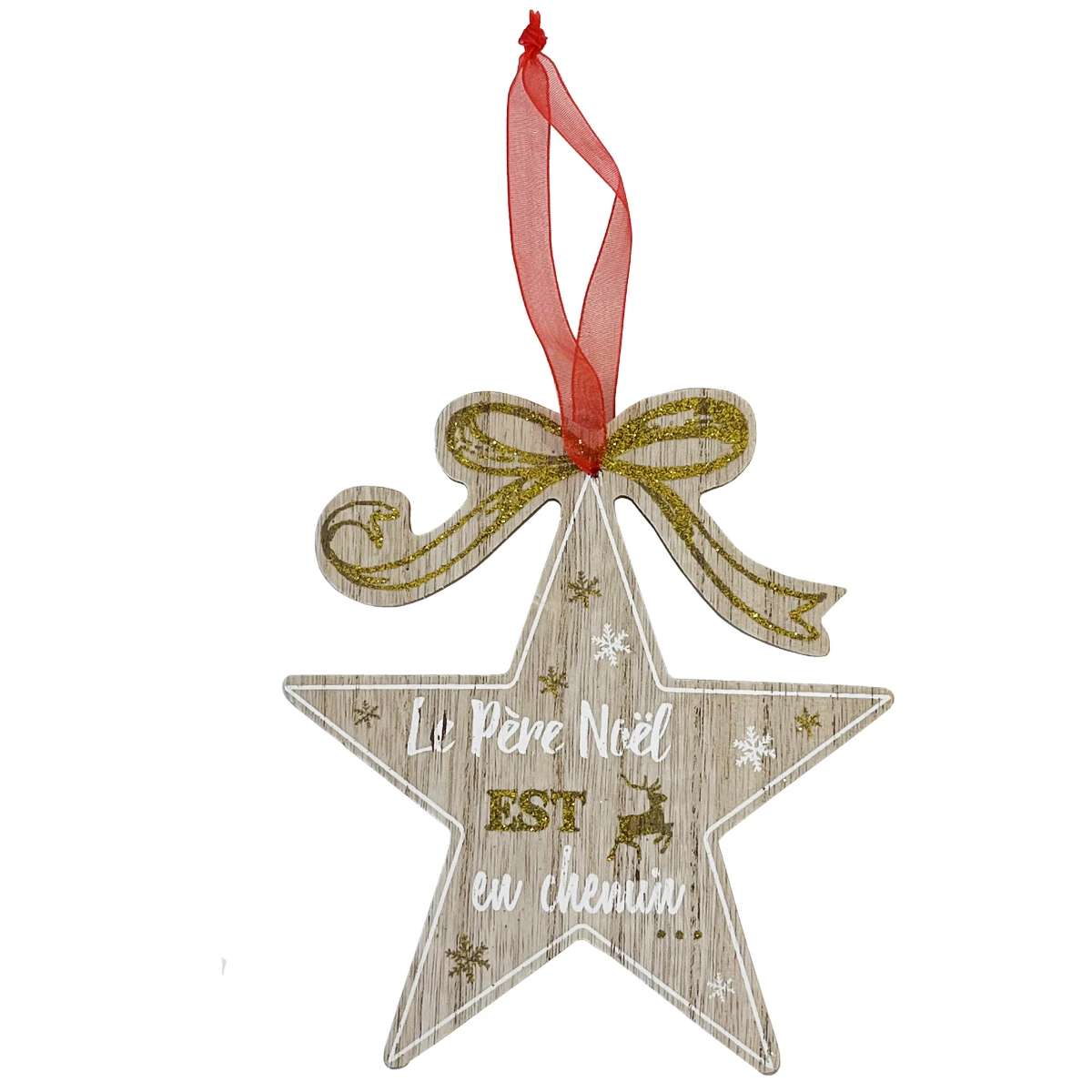 Décoration De Sapin Etoile De Bois Pailletée - Père Noël – Image 2