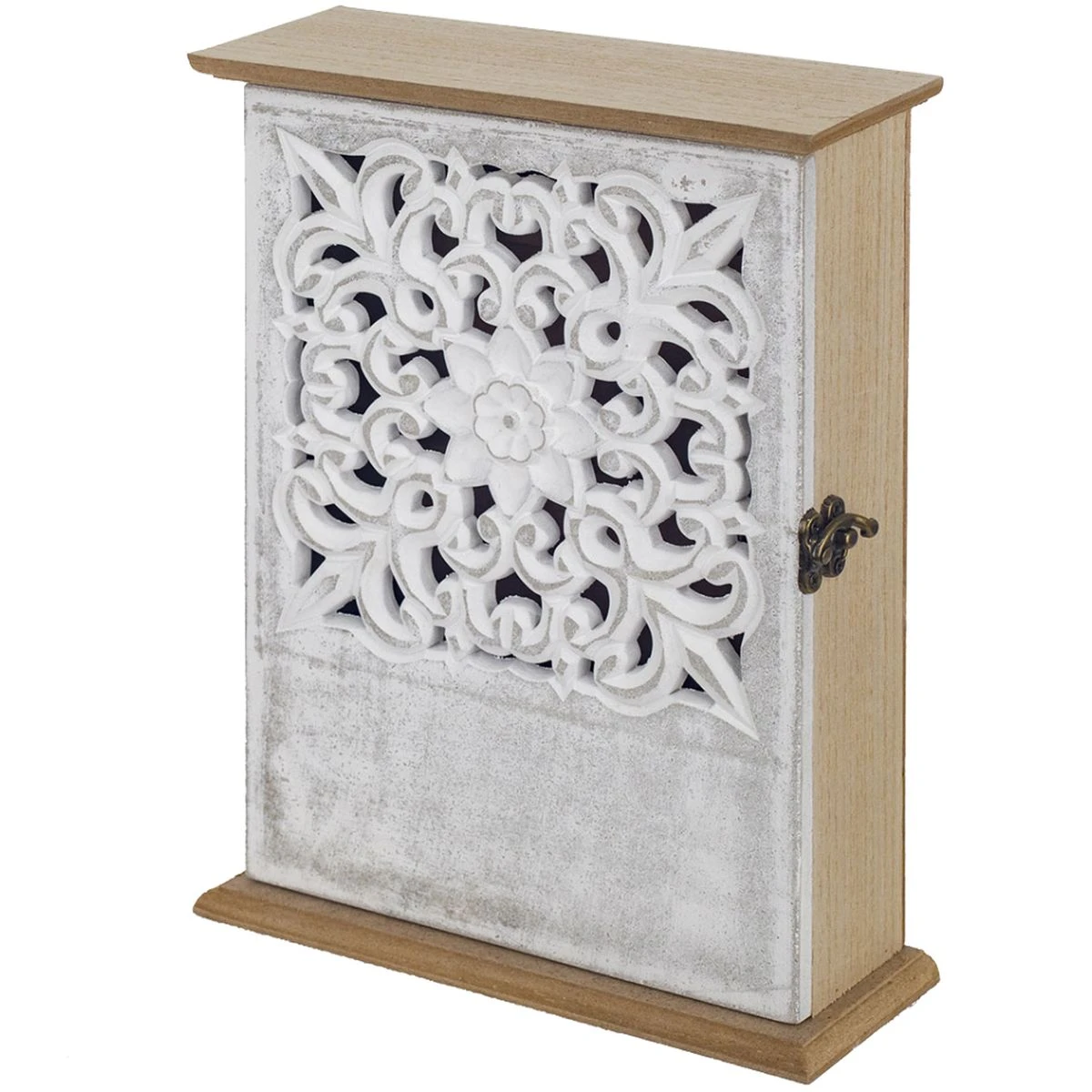 Boite à Clés En Bois Sculpté Patiné Blanc – Image 2