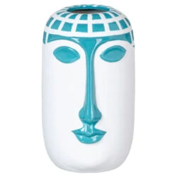 Vase Visage En Céramique Blanche Et Turquoise 20 Cm