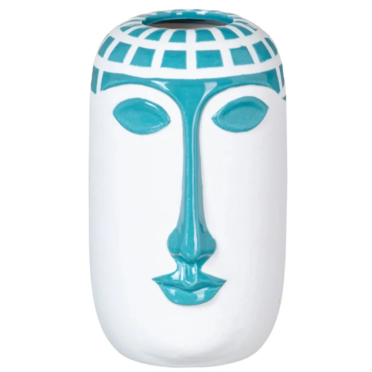 Vase Visage En Céramique Blanche Et Turquoise 20 Cm