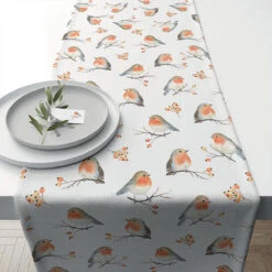 Chemin De Table Oiseaux Robin Family En Coton - 40 X 150 Cm