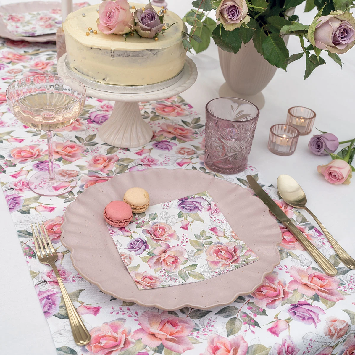 Chemin De Table Roses Josephine En Coton - 40 X 150 Cm