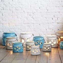 Grand Photophore Flower En Céramique Turquoise